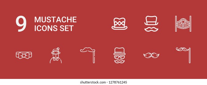 Editable 9 mustache icons for web and mobile. Set of mustache included icons line Mustache, Moustache, Disguise, Hipster, Bow tie, Saloon, Top hat on red background