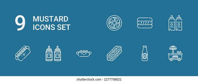 Editable 9 mustard icons for web and mobile. Set of mustard included icons line Hot dog, Ketchup, Condiment, Sauce, Soy eggs on blue background