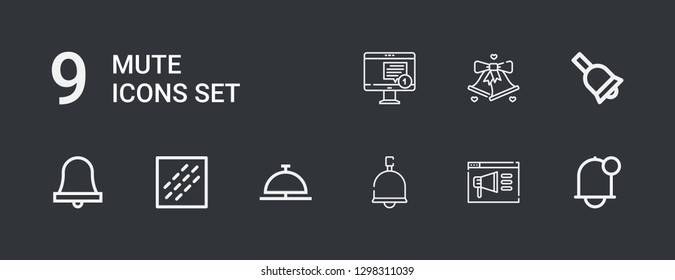 Editable 9 mute icons for web and mobile. Set of mute included icons line Notification, Bell, Noise on dark background