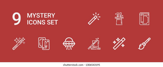 Editable 9 mystery icons for web and mobile. Set of mystery included icons line Broomstick, Wand, Magic, Ufo, Tarot, Magic wand, Magic book on red background