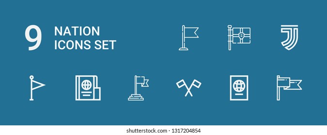 Editable 9 nation icons for web and mobile. Set of nation included icons line Flag, Passport, Juventus on blue background