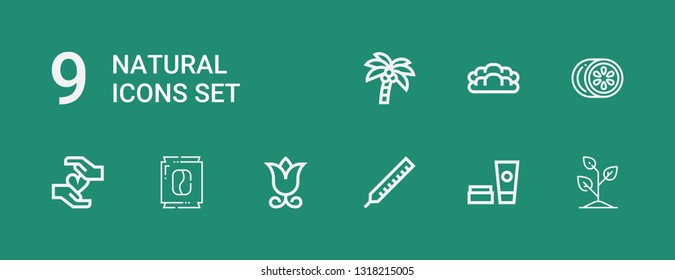 Editable 9 natural icons for web and mobile. Set of natural included icons line Sprout, Cosmetics, Thermometer, Flower, Coffee, Blood, Lemon, Bread, Coconut tree on green background