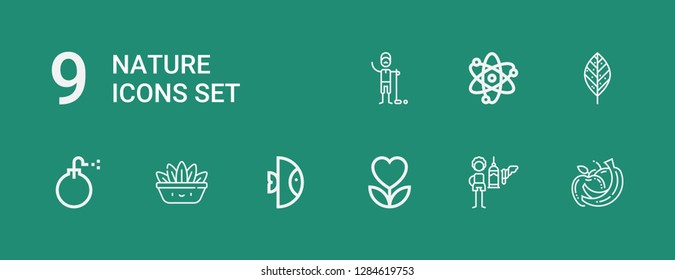 Editable 9 nature icons for web and mobile. Set of nature included icons line Fruits, Feeder, Flower, Fish, Fern, Bomb, Leaf, Solar system, Golfer on green background