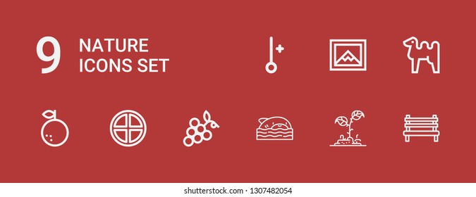 Editable 9 nature icons for web and mobile. Set of nature included icons line Bench, Plant, Shark, Grapes, Terra, Orange, Camel, Image, Thermometer on red background
