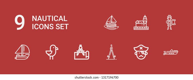 Editable 9 nautical icons for web and mobile. Set of nautical included icons line Boat, Pirate, Compass, Seagull, Yatch, Lighthouse, Sailing boat on red background