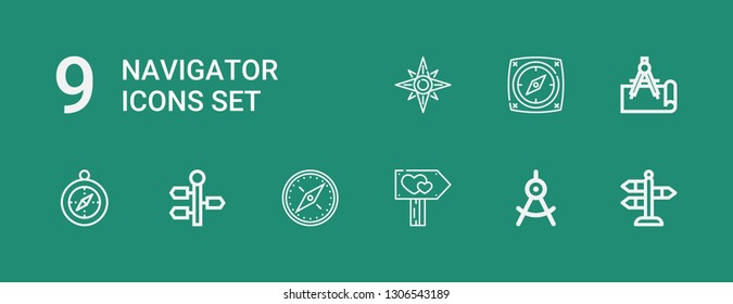 Editable 9 navigator icons for web and mobile. Set of navigator included icons line Street, Compass, Signpost, Windrose on green background