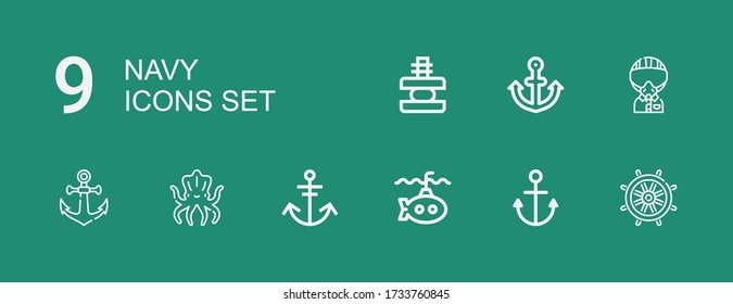 Editable 9 navy icons for web and mobile. Set of navy included icons line Rudder, Anchor, Submarine, Kraken, Military, Force on green background