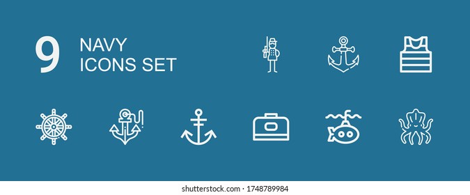 Editable 9 navy icons for web and mobile. Set of navy included icons line Kraken, Submarine, Carrier, Anchor, Ship wheel, Sailor, Soldier on blue background