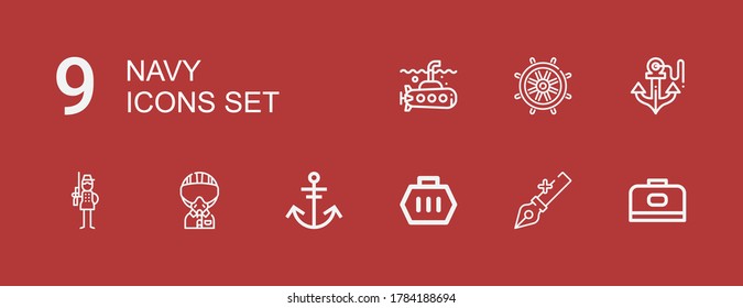 Editable 9 navy icons for web and mobile. Set of navy included icons line Carrier, Anchor, Military, Soldier, Rudder, Submarine on red background
