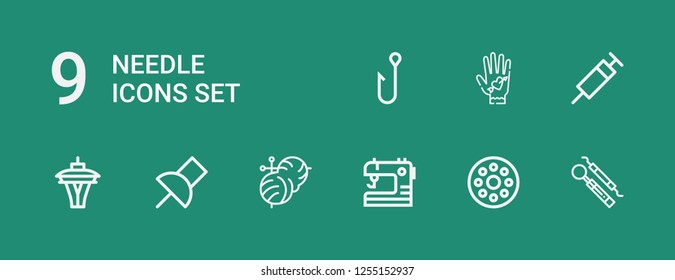 Editable 9 needle icons for web and mobile. Set of needle included icons line Hook, Bobbin, Sewing, Knitting, Push pin, Space needle, Syringe, Tattoo on green background