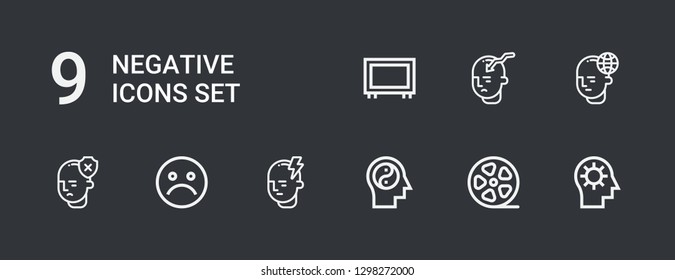 Editable 9 negative icons for web and mobile. Set of negative included icons line Mind, Film roll, Unhappy, Big screen on dark background