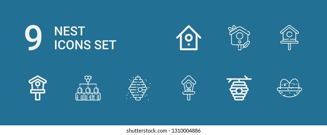 Editable 9 nest icons for web and mobile. Set of nest included icons line Nest, Beehive, Bird house, Hive, Birdhouse on blue background