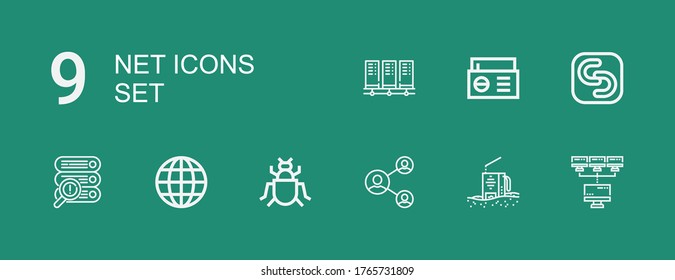 Editable 9 net icons for web and mobile. Set of net included icons line Network, Radio, Insect, Internet, Server, Safecopy backup, Servers on green background