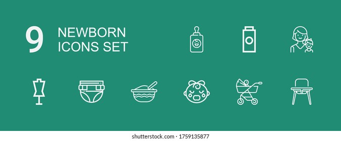 Editable 9 newborn icons for web and mobile. Set of newborn included icons line Baby chair, Baby carriage, Baby girl, food, Diaper, Dummy, Mother, powder on green background