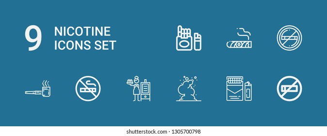 Editable 9 nicotine icons for web and mobile. Set of nicotine included icons line No smoking, Cigarette, Smoke, Smoker, Smoking pipe, Cigar on blue background