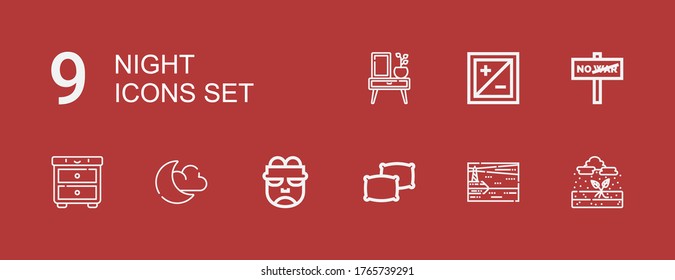 Editable 9 night icons for web and mobile. Set of night included icons line Rain, Lighthouse, Pillows, Frankenstein, Night mode, War, Exposure, stand on red background