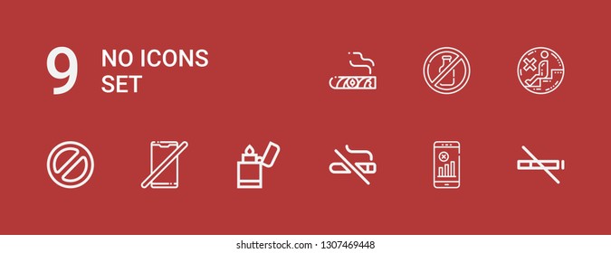 Editable 9 no icons for web and mobile. Set of no included icons line No smoke, wifi, smoking, Lighter, phone, Banned, sitting, alcohol, Cigar on red background