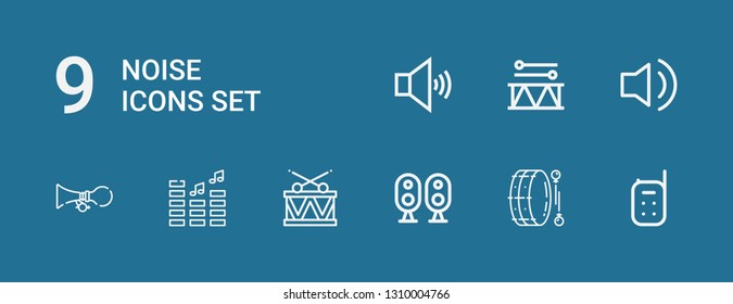 Editable 9 noise icons for web and mobile. Set of noise included icons line Baby monitor, Drum, Loudspeaker, Volume, Horn, Audio on blue background