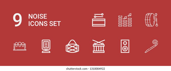 Editable 9 noise icons for web and mobile. Set of noise included icons line Party blower, Woofer, Drum, Announcer, Drums, Volume on red background