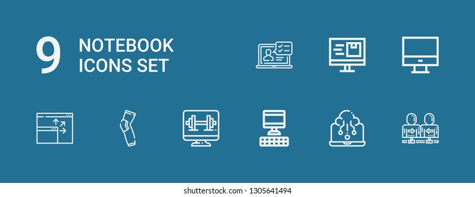 Editable 9 notebook icons for web and mobile. Set of notebook included icons line Communication, Laptop, Computer, Pads, Screen on blue background