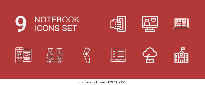 Editable 9 notebook icons for web and mobile. Set of notebook included icons line School, Computer, Laptop, Pads, Communications, Responsive, Handheld on red background
