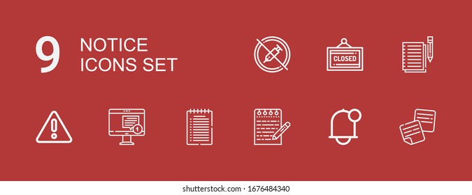 Editable 9 notice icons for web and mobile. Set of notice included icons line Notes, Notification, Note, Warning, Closed, No drugs on red background