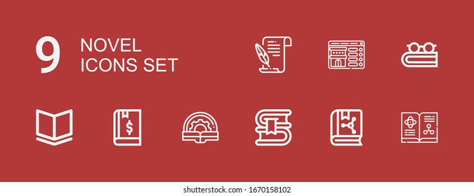 Bearbeitbar 9 neuartige Icons für Web und Mobile. Satz von neuartigen, enthaltenen Symbolen Zeile Buch, Buchung, Literatur auf rotem Hintergrund