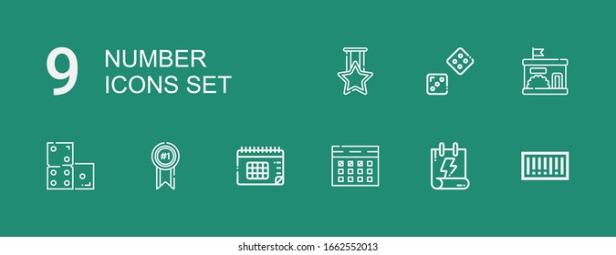 Editable 9 number icons for web and mobile. Set of number included icons line Barcode, Calendar, Medal, Domino, Kindergarten, Dice on green background