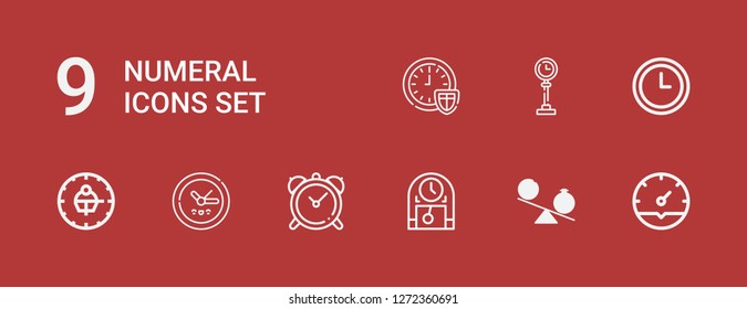 Editable 9 numeral icons for web and mobile. Set of numeral included icons line Clock, Time, Wall clock on red background