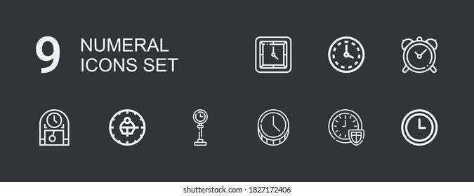 Iconos numéricos editables 9 para web y móvil. Conjunto de iconos numéricos incluidos línea Reloj de pared, Tiempo, Reloj sobre fondo oscuro