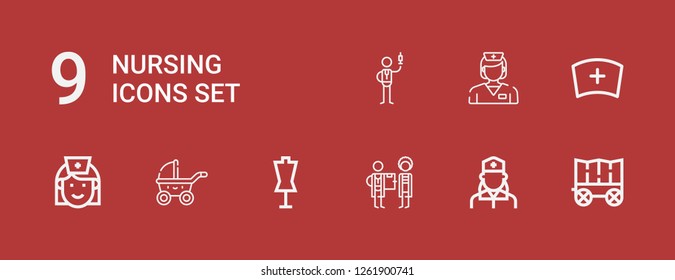 Editable 9 nursing icons for web and mobile. Set of nursing included icons line Carriage, Nurse, Doctor, Dummy, Stroller on red background