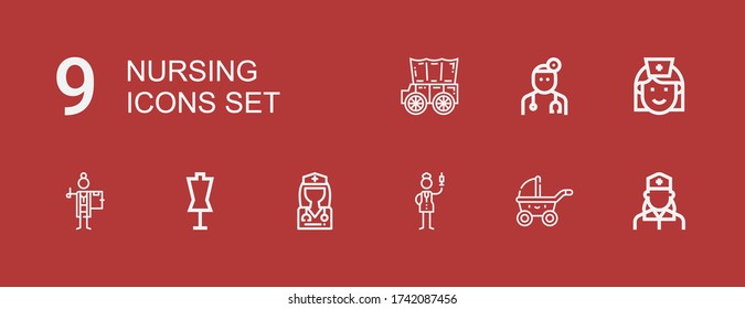 Editable 9 iconos de enfermería para web y móvil. Conjunto de enfermería incluido íconos línea Enfermera, Stroller, Doctor, Dummy, Carriage sobre fondo rojo