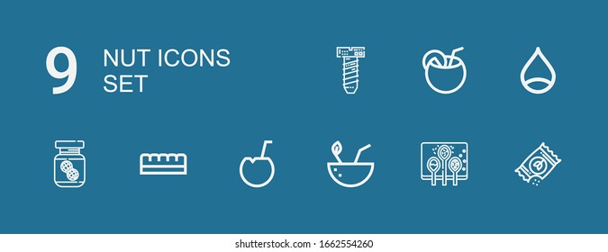 Editable 9 nut icons for web and mobile. Set of nut included icons line Seeds, Spices, Coconut, Chocolate bar, Peanut butter, Chestnut, Screw on blue background