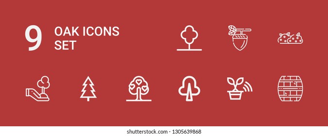 Editable 9 oak icons for web and mobile. Set of oak included icons line Cask, Tree, Bush, Acorn on red background
