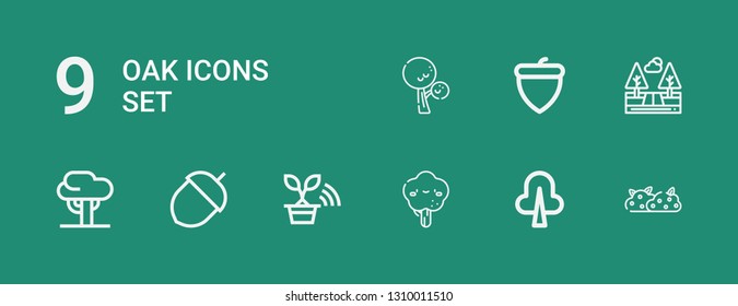 Editable 9 oak icons for web and mobile. Set of oak included icons line Bush, Tree, Acorn, Trees on green background