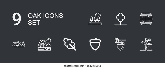 Editable 9 oak icons for web and mobile. Set of oak included icons line Tree, Acorn, Oak leaf, Trees, Bush, Cask on dark background