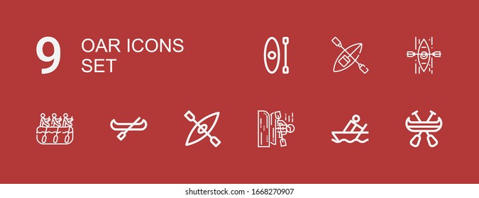 Editable 9 oar icons for web and mobile. Set of oar included icons line Canoe, Rowing, Kayak, Rafting on red background