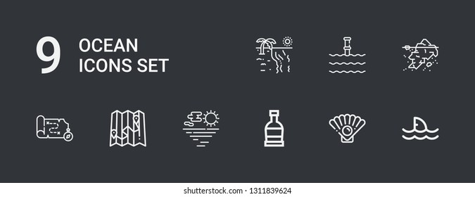 Editable 9 Ocean Icons For Web And Mobile. Set Of Ocean Included Icons Line Shark, Oyster, Rum, Sea, Map, Iceberg, Underwater, Beach On Dark Background