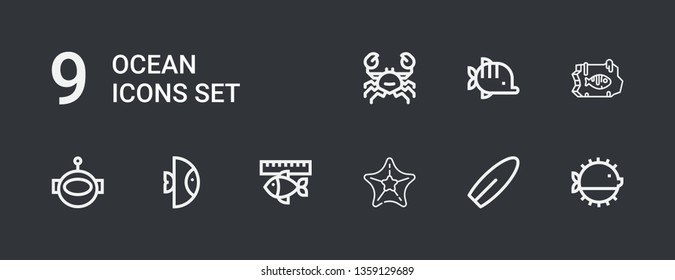 Editable 9 ocean icons for web and mobile. Set of ocean included icons line Puffer fish, Surfboard, Starfish, Fish, Aqualung, Crab on dark background