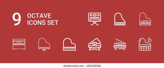 Editable 9 octave icons for web and mobile. Set of octave included icons line Piano on red background