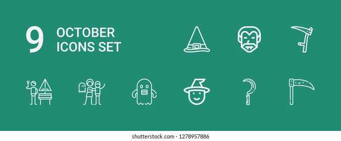 Editable 9 october icons for web and mobile. Set of october included icons line Scythe, Witch, Ghost, Haunted house, German, Dracula on green background