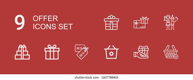 Editable 9 offer icons for web and mobile. Set of offer included icons line Shopping basket, Gift, Discounts, Christmas party, Gift card on red background