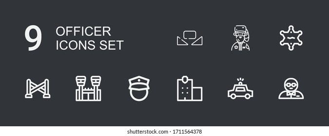 Editable 9 officer icons for web and mobile. Set of officer included icons line Bodyguard, Police car, Police station, Policeman, Jail, Police line, Sheriff on dark background