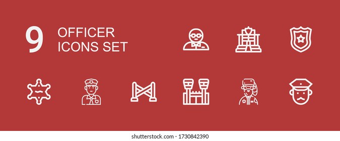 Editable 9 Officer Icons For Web And Mobile. Set Of Officer Included Icons Line Policeman, Park Ranger, Jail, Police Line, Sheriff, Police Badge, Police, Bodyguard On Red Background