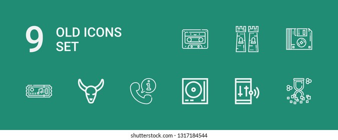 Editable 9 old icons for web and mobile. Set of old included icons line Hourglass, Smartphone, Turntable, Telephone, Bull skull, Tickets, Floppy disk, Tower on green background