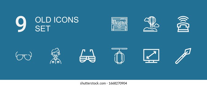 Editable 9 old icons for web and mobile. Set of old included icons line Spear, Television, Lantern, Sunglasses, Grandfather, Phone, Hot air balloon, Treasure on blue background