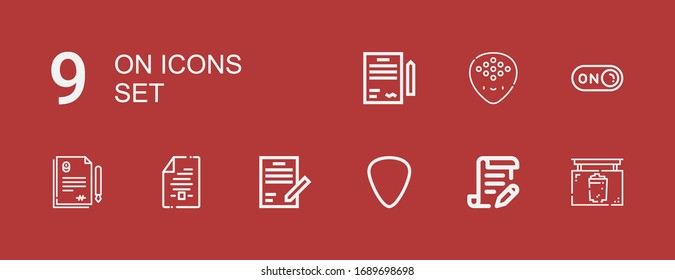 Editable 9 on icons for web and mobile. Set of on included icons line Pub, Contract, Plectrum, Switch on red background