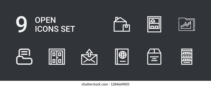 Editable 9 open icons for web and mobile. Set of open included icons line Shelves, Box, Book, Mail, Double door, Folder, Shop on dark background