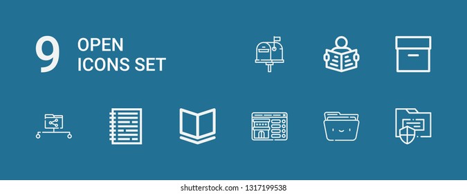 Editable 9 open icons for web and mobile. Set of open included icons line Folder, Booking, Book, Notebook, Data share, Archive, Read, Email on blue background