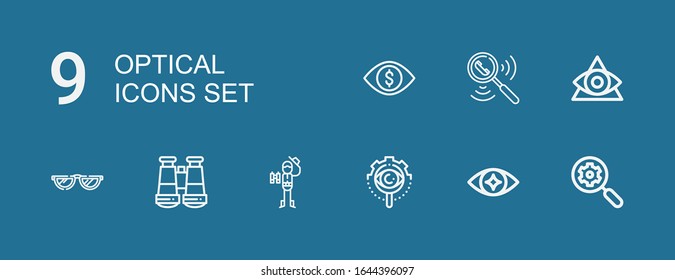 9 iconos ópticos editables para web y móvil. Conjunto de iconos ópticos incluidos línea Buscar, Ojo, Ver, Explorador, Binoculares, Lentes, Visión sobre fondo azul